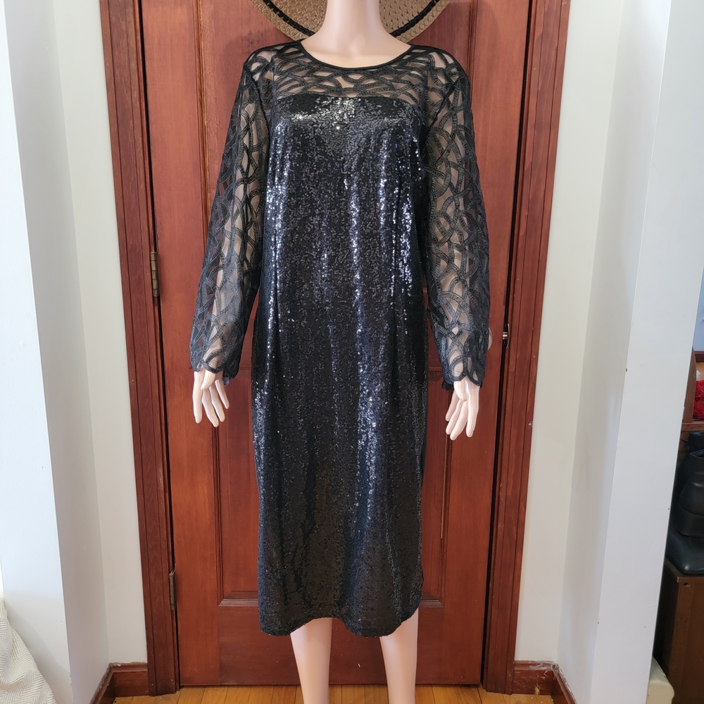 Grand Beauty Parlor Black Sequin Dress with Lace Sleeves.